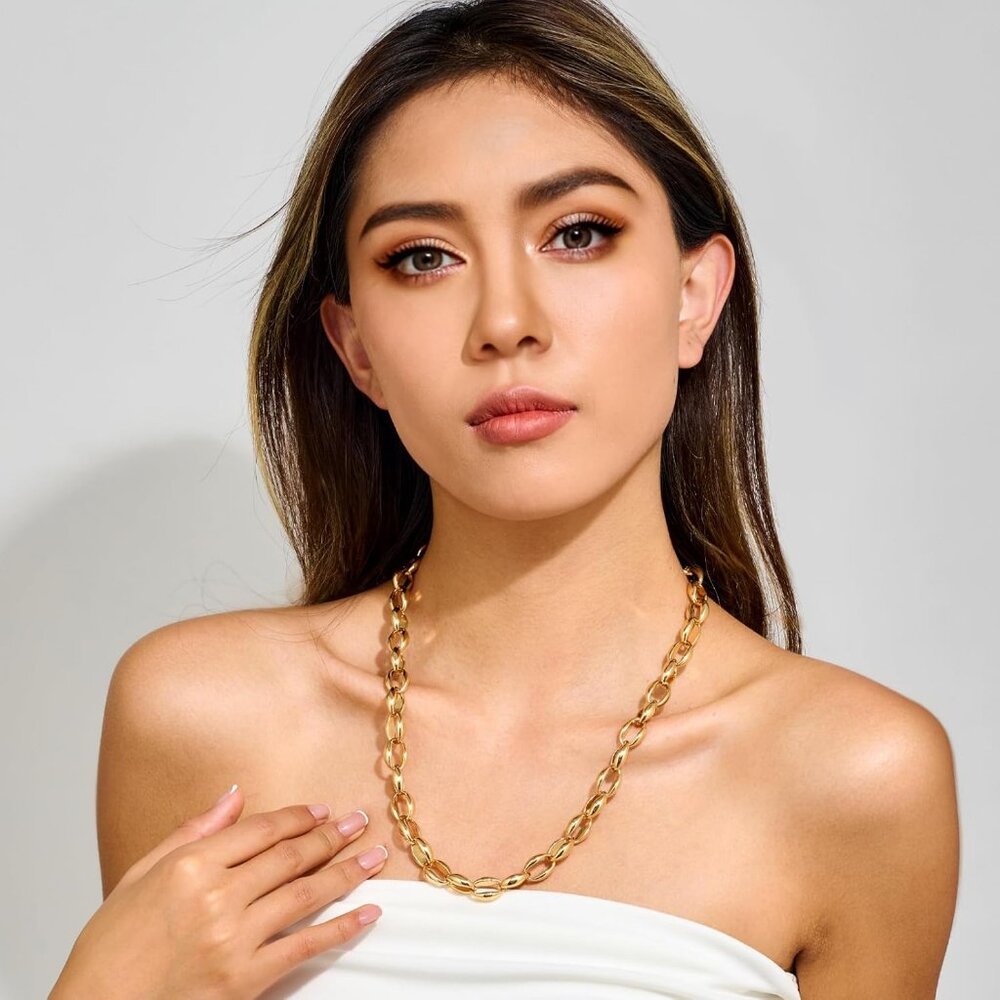 Women's Gold Chain Chunky Gold Plated Minimalist Trendy Necklace Jewelry - Picture 2 of 7